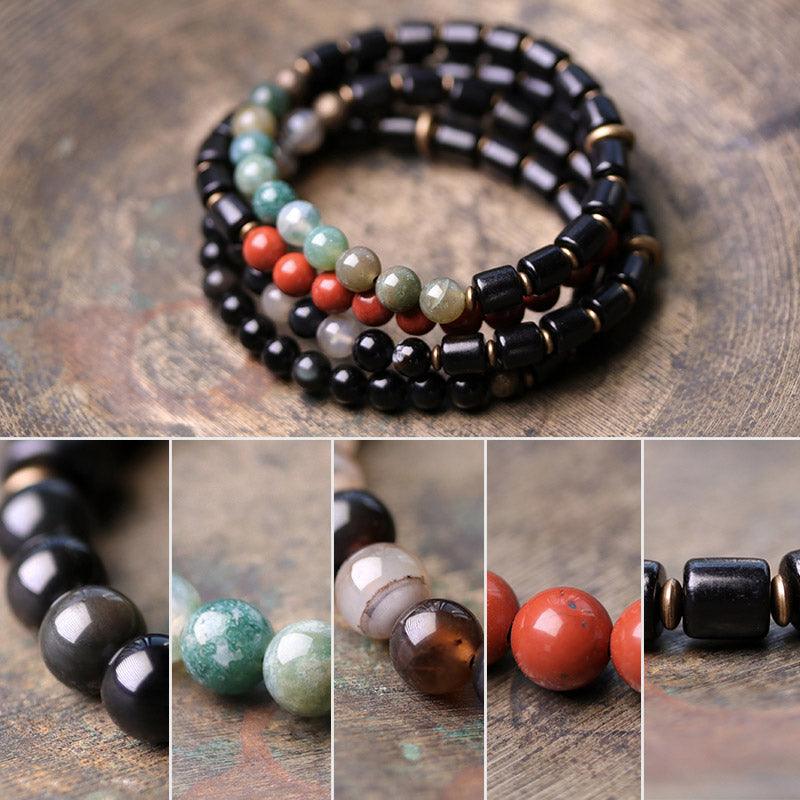 Handmade Ebony Wood & Copper Peace Couple Bracelet with Natural Gemstones