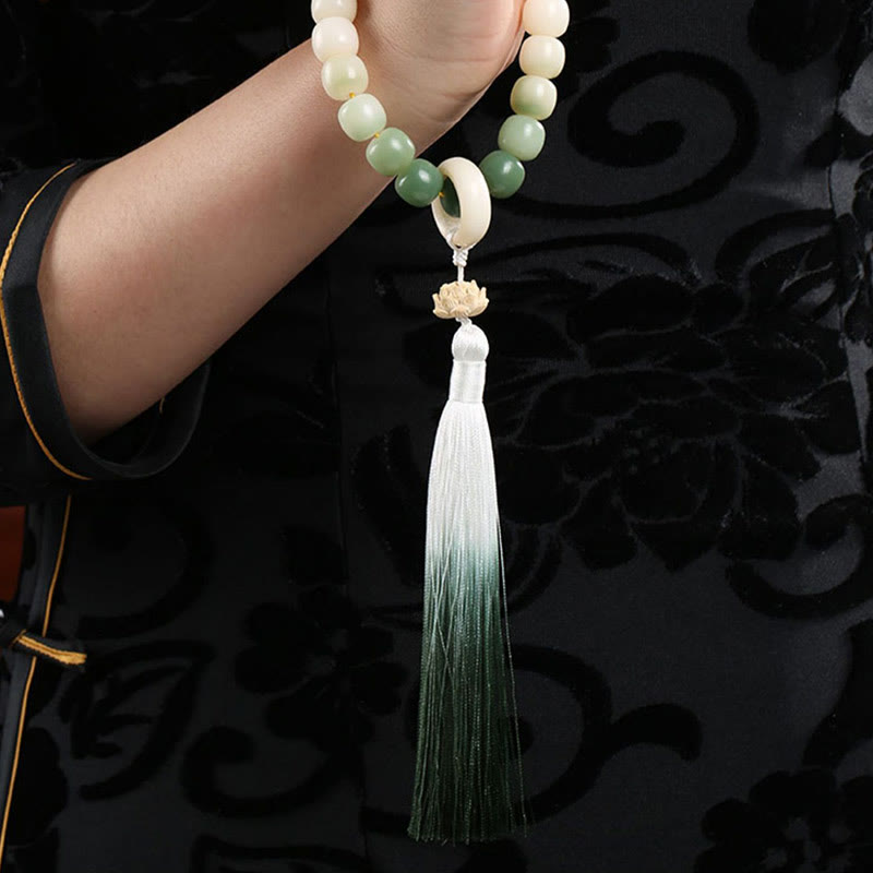 Handmade Gradient Bodhi Seed Agate & Green Aventurine Lotus Charm Wrist Mala