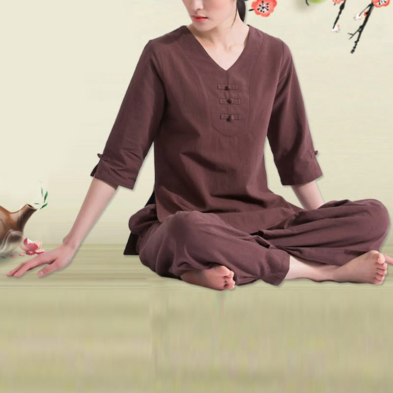 Yoga Meditation Prayer V-neck Design Cotton Linen Clothing Uniform Zen Practice Women's Set