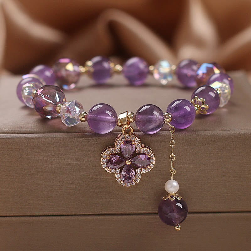 Natural Amethyst Crystal Four Leaf Clover Spiritual Healing Bracelet