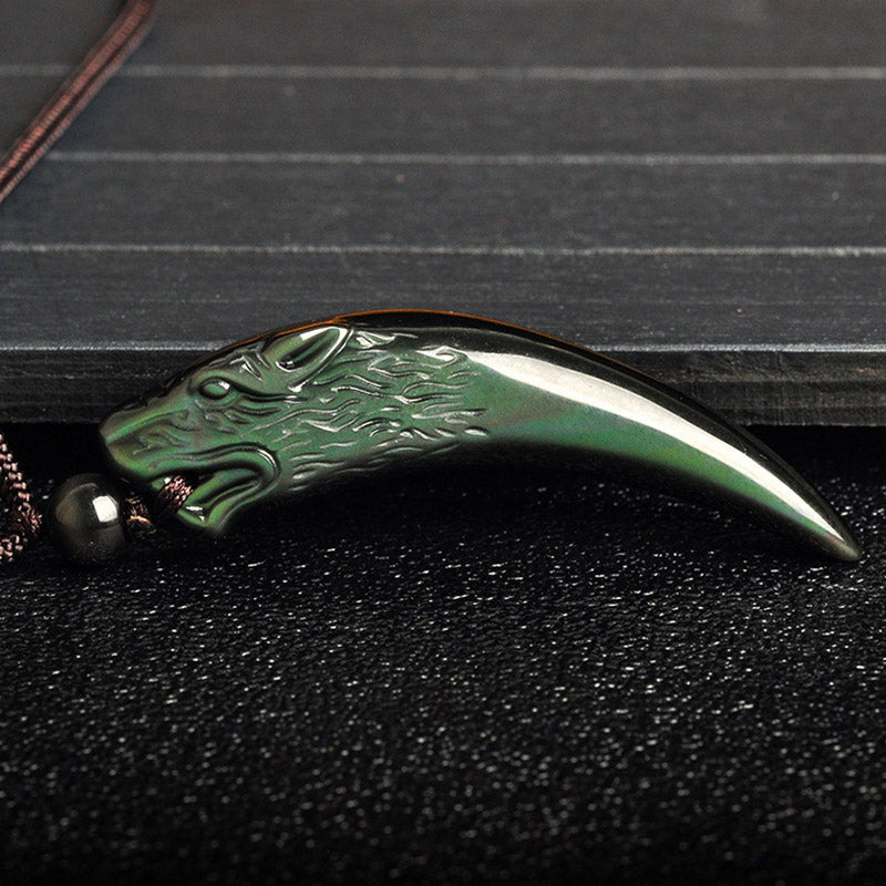 Natural Black Obsidian Ice Obsidian Rainbow Obsidian Wolf Tooth Pattern Strength Necklace Pendant