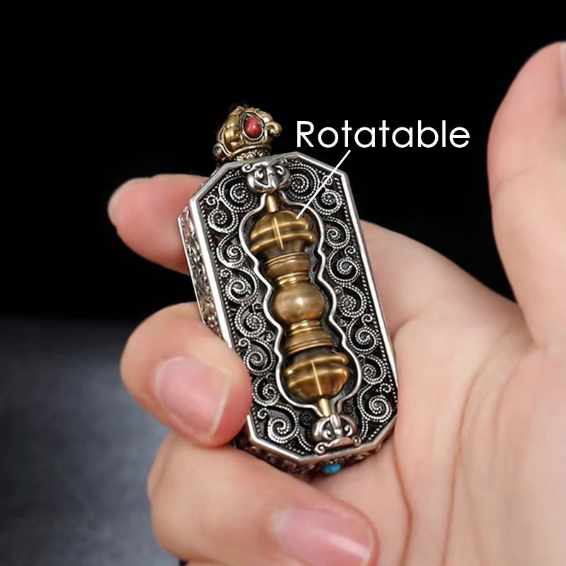 Tibetan Om Mani Padme Hum Carved Dorje Vajra Rotatable Lotus Pattern Purity Rope Necklace Pendant