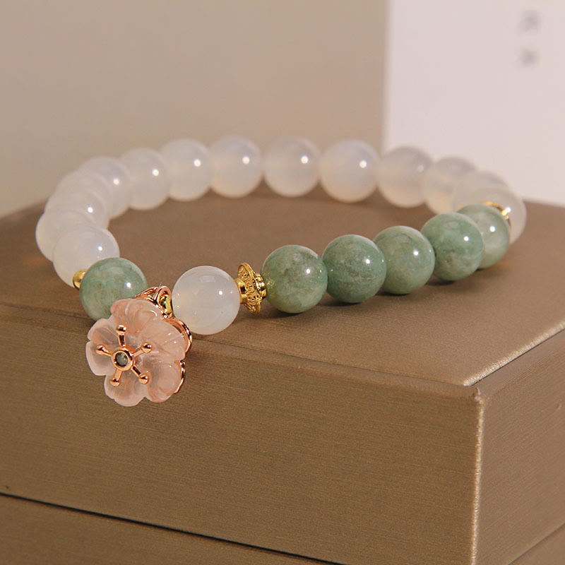 White Agate Jade Flower Charm Luck Protection Bracelet