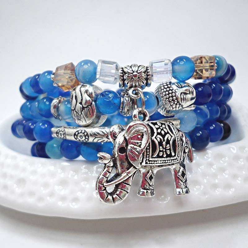 Handmade 999 Silver Plated Natural Agate Elephant & Buddha Charm Bracelet