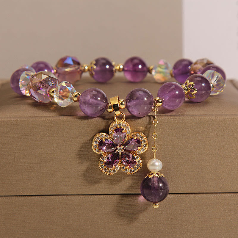 Natural Amethyst and Pearl Flower Charm Transformation Bracelet