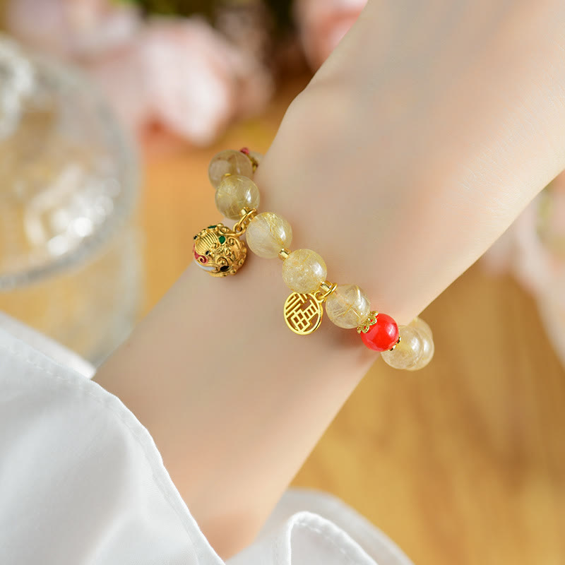 Natural Golden Rutilated Quartz Bracelet with Fu Character Charm and Ritual Bell
