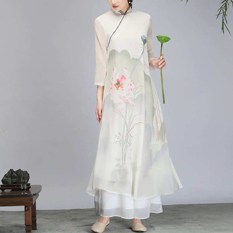 Lotus Flower Pod Chiffon Cheongsam Midi Dress Meditation Zen Practice Clothing