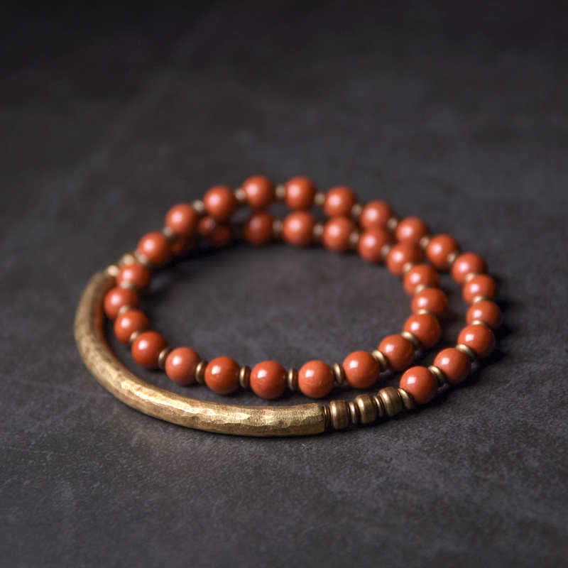 Handmade Red Jasper Moss Agate or Black Obsidian Copper Wrap Couple Bracelet