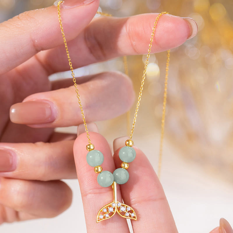 925 Sterling Silver Hetian Jade Bead Fishtail Luck Necklace Pendant