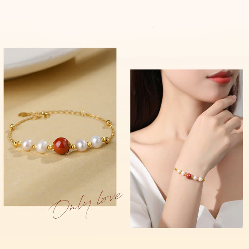 925 Sterling Silver Cinnabar and Pearl Bead Chain Adjustable Bracelet