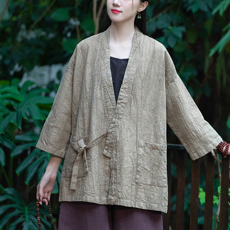 Hanfu Design Three Quarter Sleeve Ramie Linen Coat Open Front Top Jacket