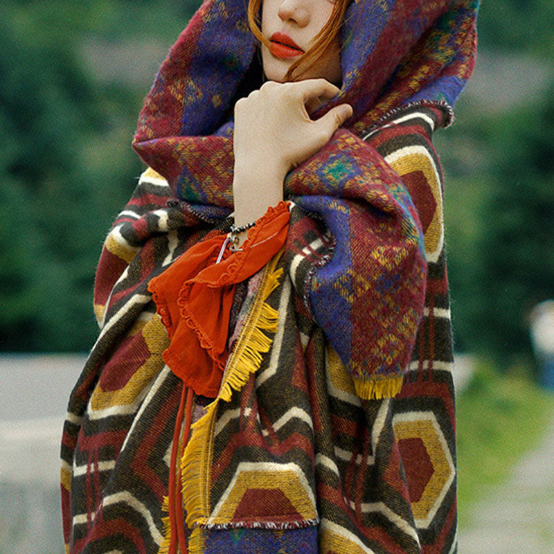 Tibetan Shawl Brown Blue Red Geometric Shapes Pattern Winter Cozy Travel Scarf Wrap