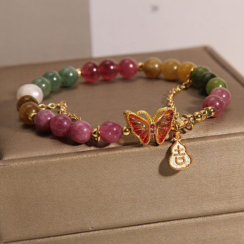 Natural Colorful Tourmaline Butterfly Auspicious Character Gourd Charm Positive Bracelet