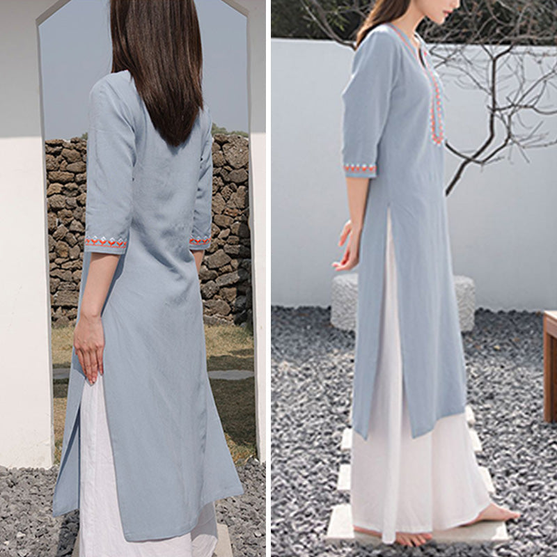 2Pcs V-neck Embroidery Yoga Clothing Zen Meditation Cotton Linen Top Pants Women's Set