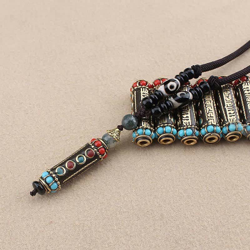 Tibetan Om Mani Padme Hum Dzi Bead Wenge Wood Necklace Pendant