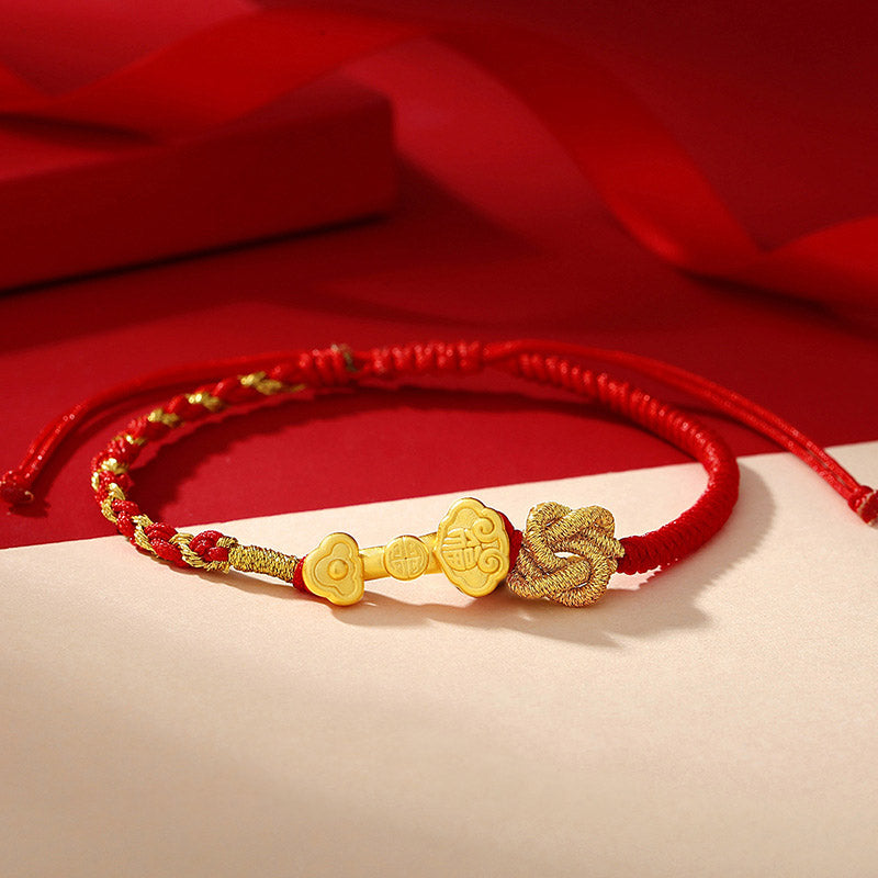 999 Sterling Silver Ruyi Handle Fu Character Fortune Luck Rope Bracelet