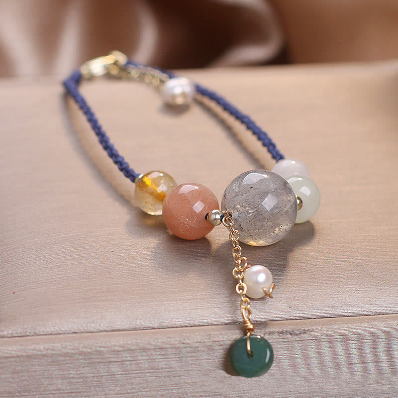 Multi-Gemstone Rope Bracelet with Moonstone, Sunstone, Hetian Jade & Ping An Kou Charm