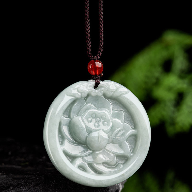 Natural Jade Lotus Flower Carved Prosperity Necklace Pendant