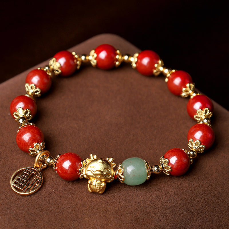 Year of the Dragon Natural Cinnabar Fu Character Charm Blessing Bracelet
