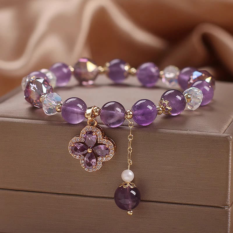 Natural Amethyst Crystal Four Leaf Clover Spiritual Healing Bracelet
