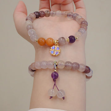 Natural Golden Silk Jade Violet Flower Bead Charm Adjustable Bracelet