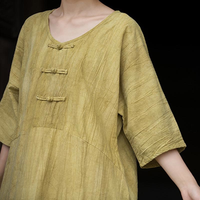 Ramie Linen Tie-Dye Frog-Button Meditation Midi Dress & Wide-Leg Pants Set