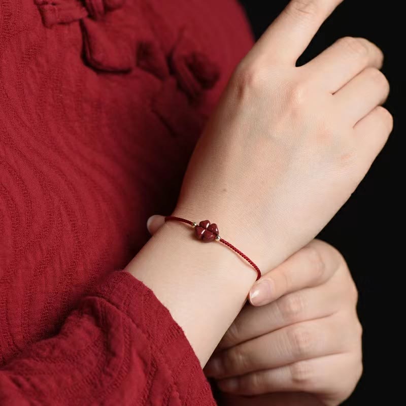 Handmade Cinnabar Four Leaf Clover Charm Red String Bracelet Anklet