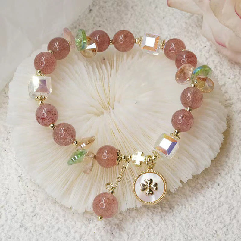 Strawberry Quartz Lucky Four Leaf Clover Healing Charm Bracelet