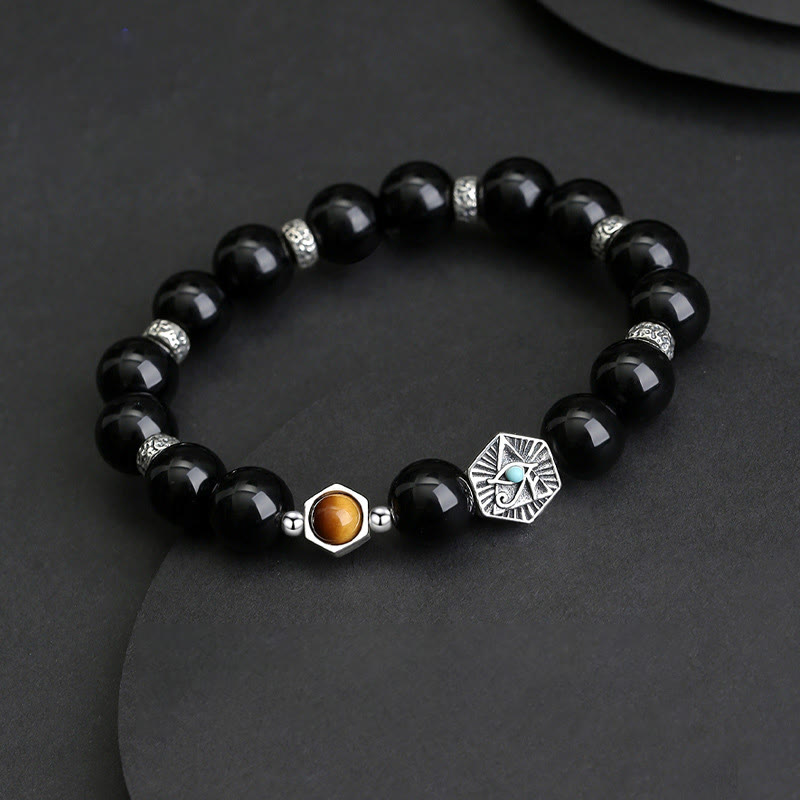 925 Sterling Silver Black Obsidian Tiger Eye Eye of Providence Purification Bracelet
