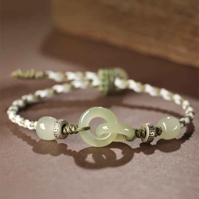 Natural Hetian Jade Ping An Kou Peace Buckle Braided Bracelet