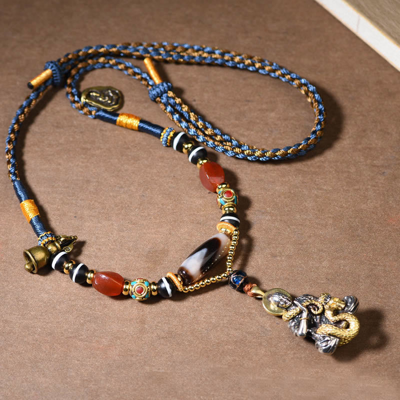 Handmade Buddha Snake Skull Head Dzi Bead Serenity Rope Necklace Pendant (Extra 35% Off | USE CODE: FS35)