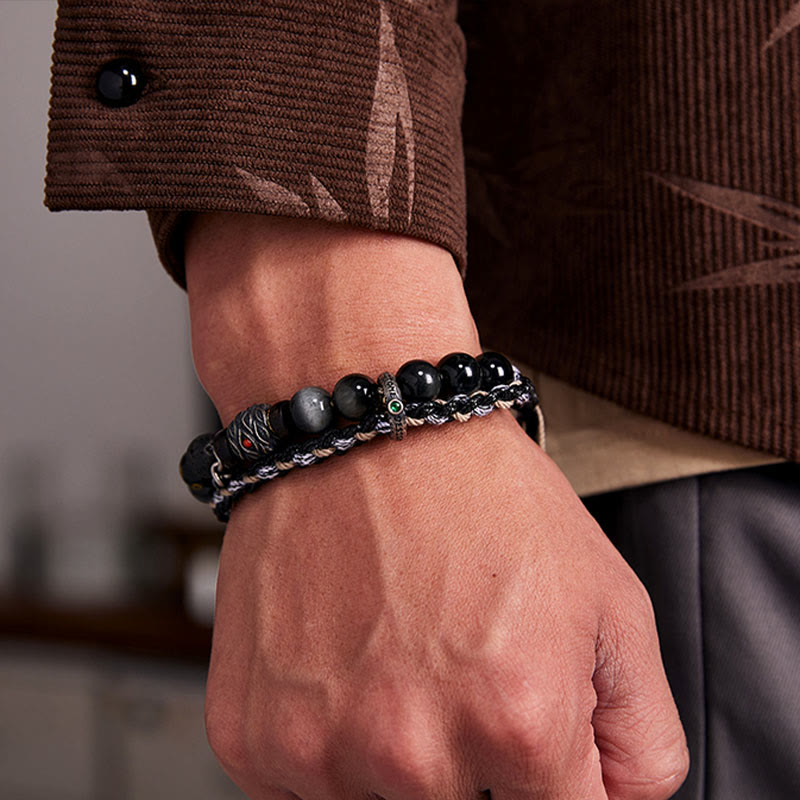 Handmade 925 Sterling Silver Gold Plated Lava Stone, Eagle's Eye & Black Agate Om Mani Beaded Bracelet