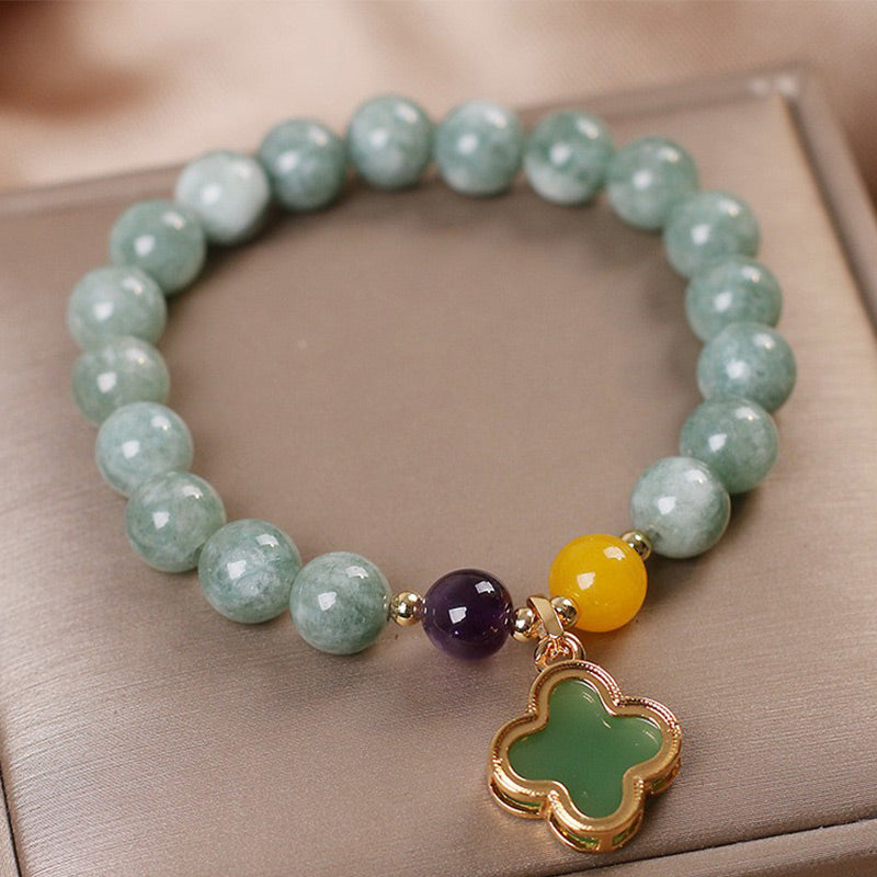 Handmade Natural Jade Four Leaf Clover Adjustable Bracelet