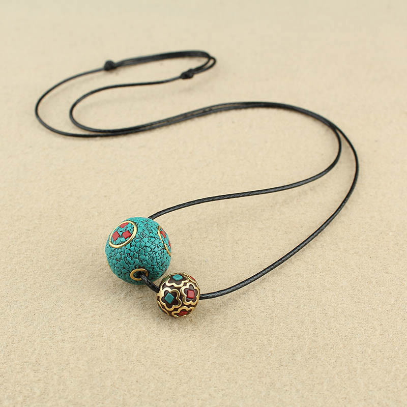 Tibetan Turquoise Double Bead Protection Strength Necklace Pendant