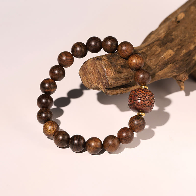 Hand-Carved Rosewood & Jade Turquoise Copper Auspicious Clouds Fu Symbol Bracelet