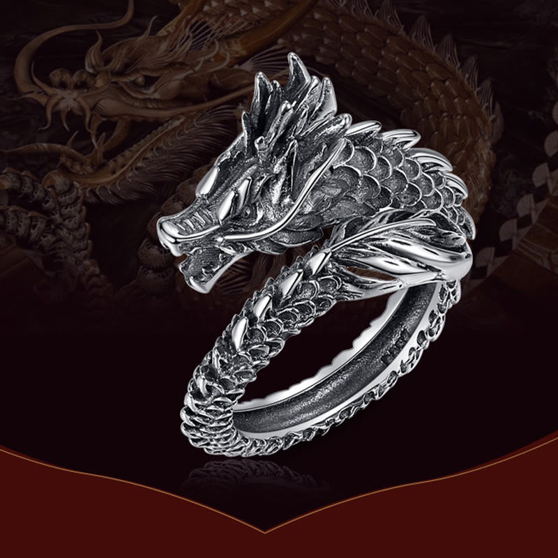 925 Sterling Silver Vintage Dragon Success Protection Strength Adjustable Ring