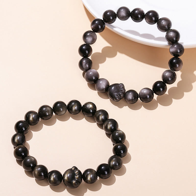Natural Sheen Obsidian Beaded Cat Paw Charm Bracelet