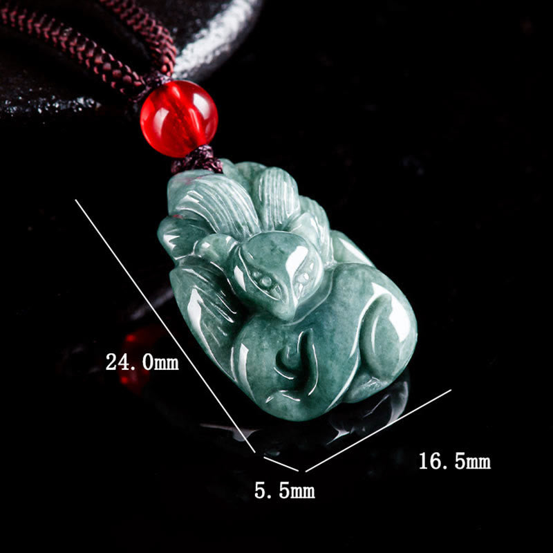 Natural Green Jade Nine Tailed Fox Engraved Prosperity Necklace Pendant