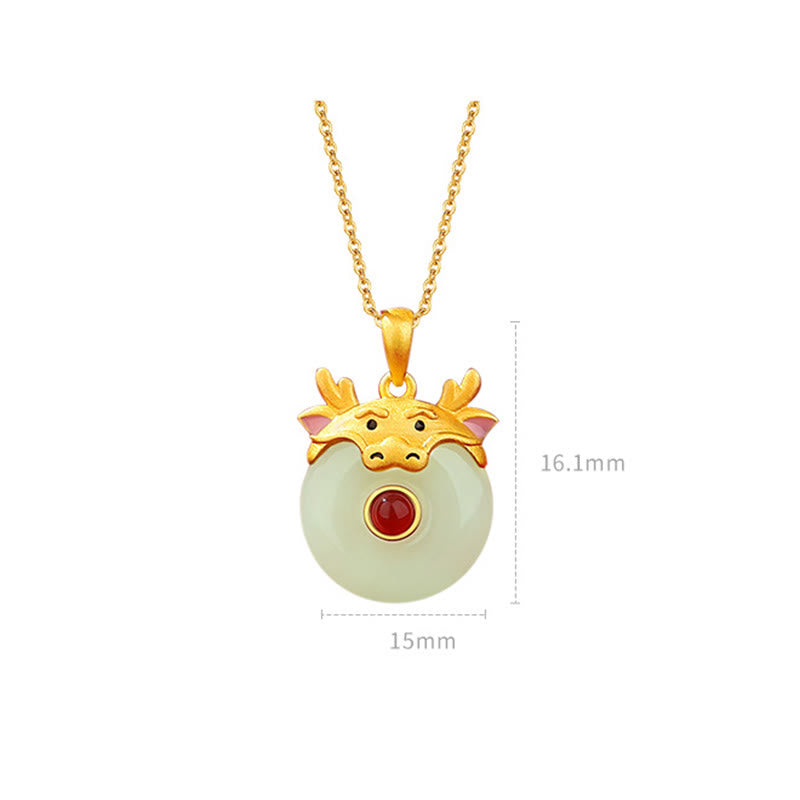 925 Sterling Silver Hetian Jade Chinese Zodiac Year of the Dragon Red Agate Luck Protection Necklace Pendant