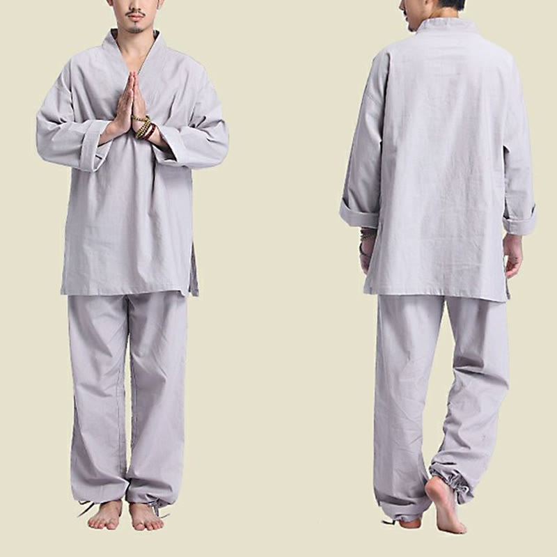 Meditation Prayer V-neck Design Cotton Linen Spiritual Zen Practice Yoga Clothing Men's Set