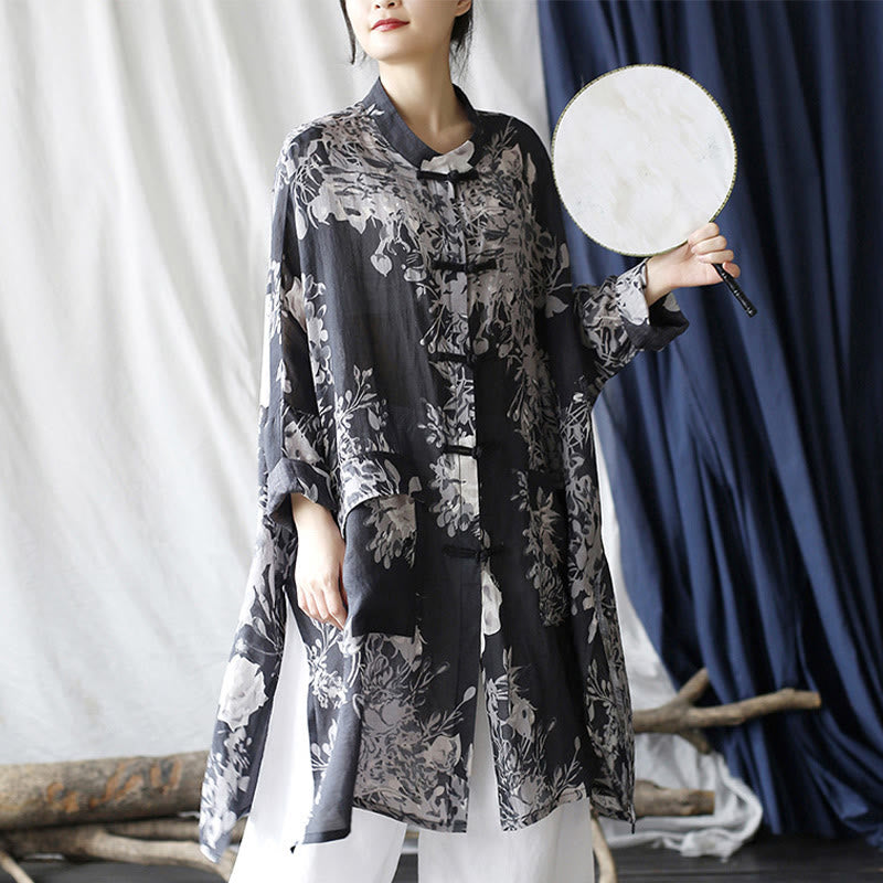 Ramie Linen Floral Stand-Collar Mindful Layering Jacket Shirt