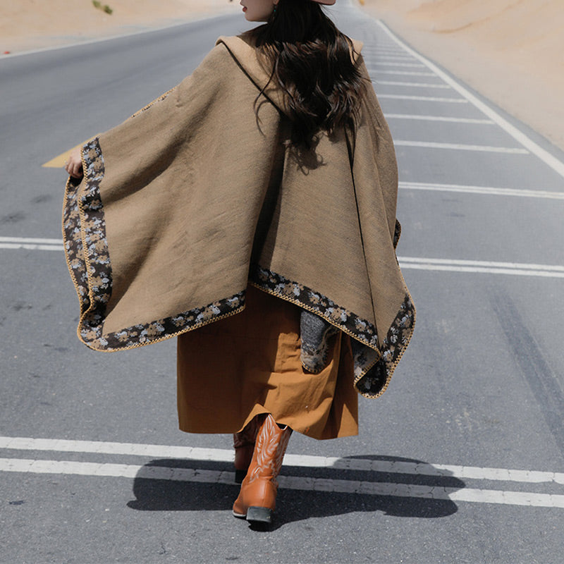 Tibetan Shawl Border Small Floral Flower Hooded Cloak Winter Cozy Travel Scarf Wrap