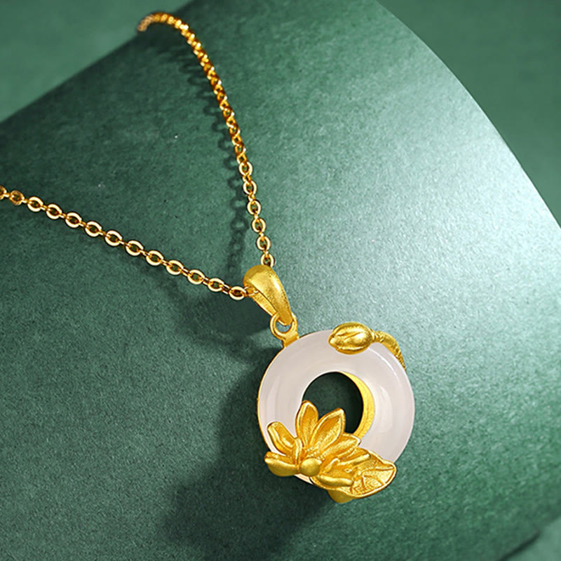 Natural White Chalcedony Peace Buckle Lotus Pendant S925 Sterling Silver Necklace