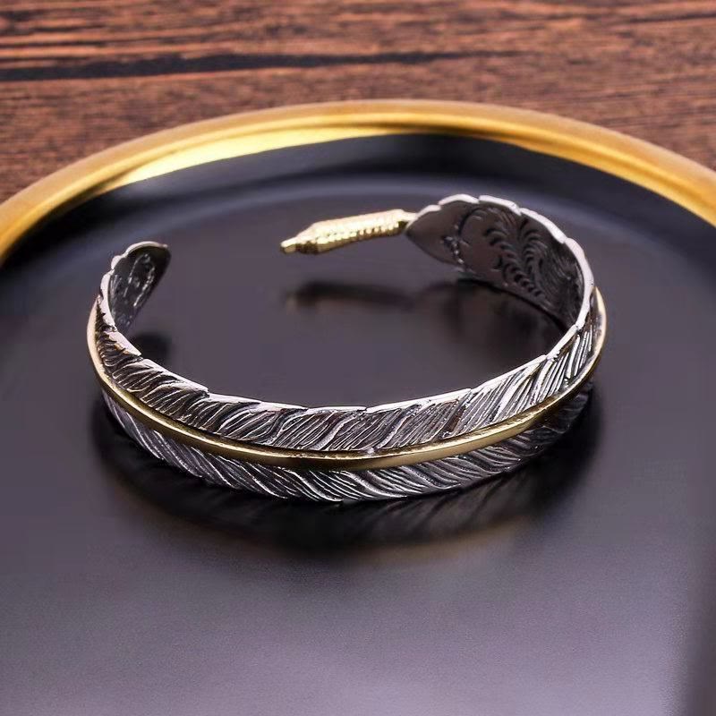 Feather Pattern Carved Luck Wealth Cuff Bracelet Bangle