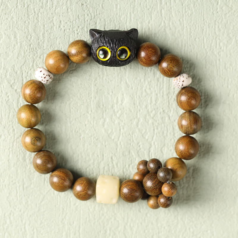 Hand-Carved Green Sandalwood & Ebony Wood Feline Bodhi Seed Beaded Bracelet