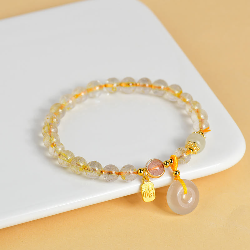 Natural Golden Rutilated Quartz Fu Character Peace Buckle Charm Wealth Bracelet