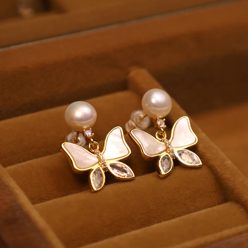 18K Gold Plated Copper Natural Shell Pearl Butterfly Sincerity Stud Earrings