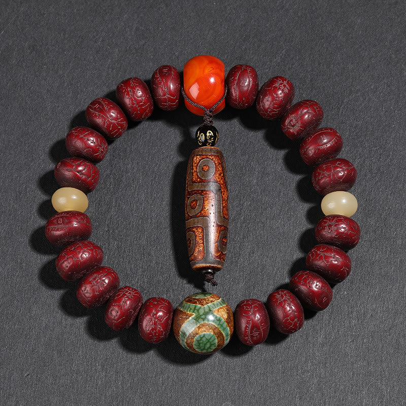Tibet Bodhi Seed and Agate Dzi Bead Wrist Mala with Guardian Lion