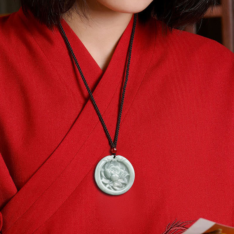 Natural Jade Lotus Flower Carved Prosperity Necklace Pendant
