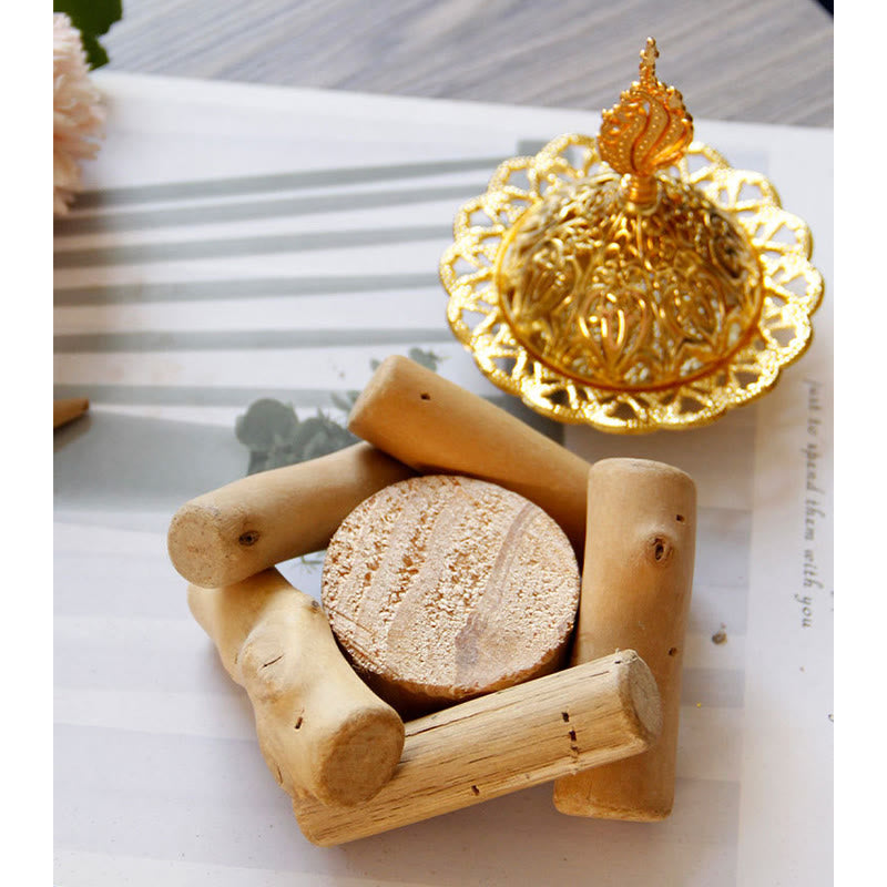 Mini Gold Alloy Buddha Incense Burner with Protective Wooden Coaster